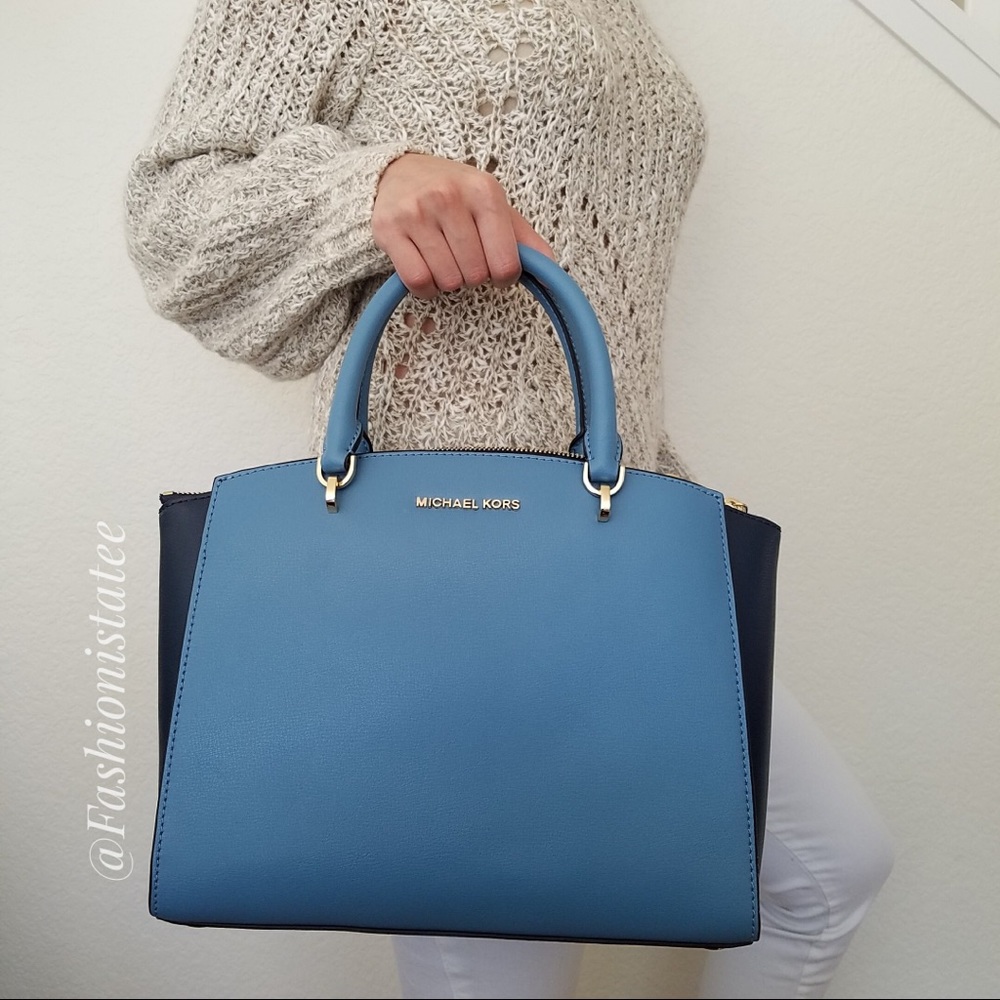 NWT MICHAEL KORS LARGE ELLIS SKY NAVY SATCHEL BAG - Picture 4 of 7
